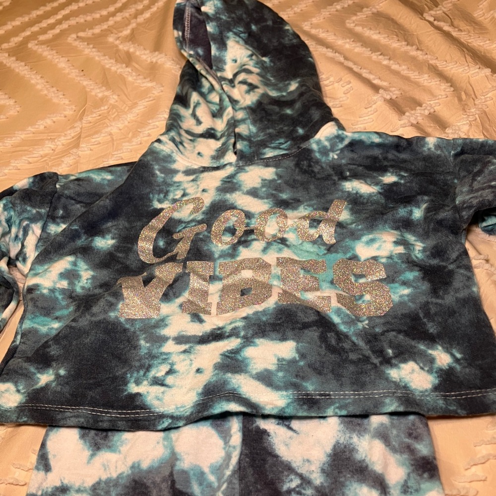 Limited Too Girls Size 4TTie Dye Hooded Crop Top Jogger Set Glitter "Good Vibes" - Picture 2 of 5